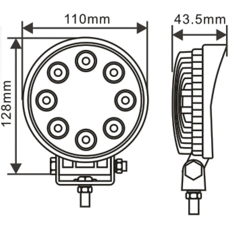 Diagram of the Sparex LED Work Light, model S.112524, showcasing a cylindrical shape with 8 bulbs. The diagram includes both front and side views along with dimensions: 110mm in width, 128mm in height, and 43.5mm in depth. Featuring a flood beam configuration for wide illumination and an IP6K9K rating for exceptional durability in harsh conditions, this light produces a raw output of 1840 lumens and operates within a voltage range of 10-30V. It is classified under Interference Class 1.