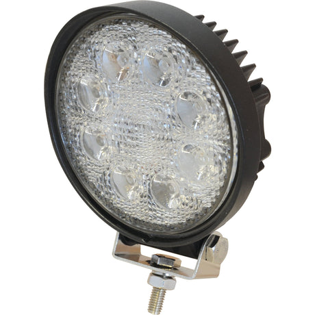 The Sparex LED Work Light (S.112524) is a versatile round light with a black housing and clear lens, featuring nine individual LED bulbs and a mounting bracket with a bolt. This Class 1 interference-rated light delivers 1840 Lumens Raw, functions within a 10-30V range, and boasts an IP6K9K rating for superior durability.