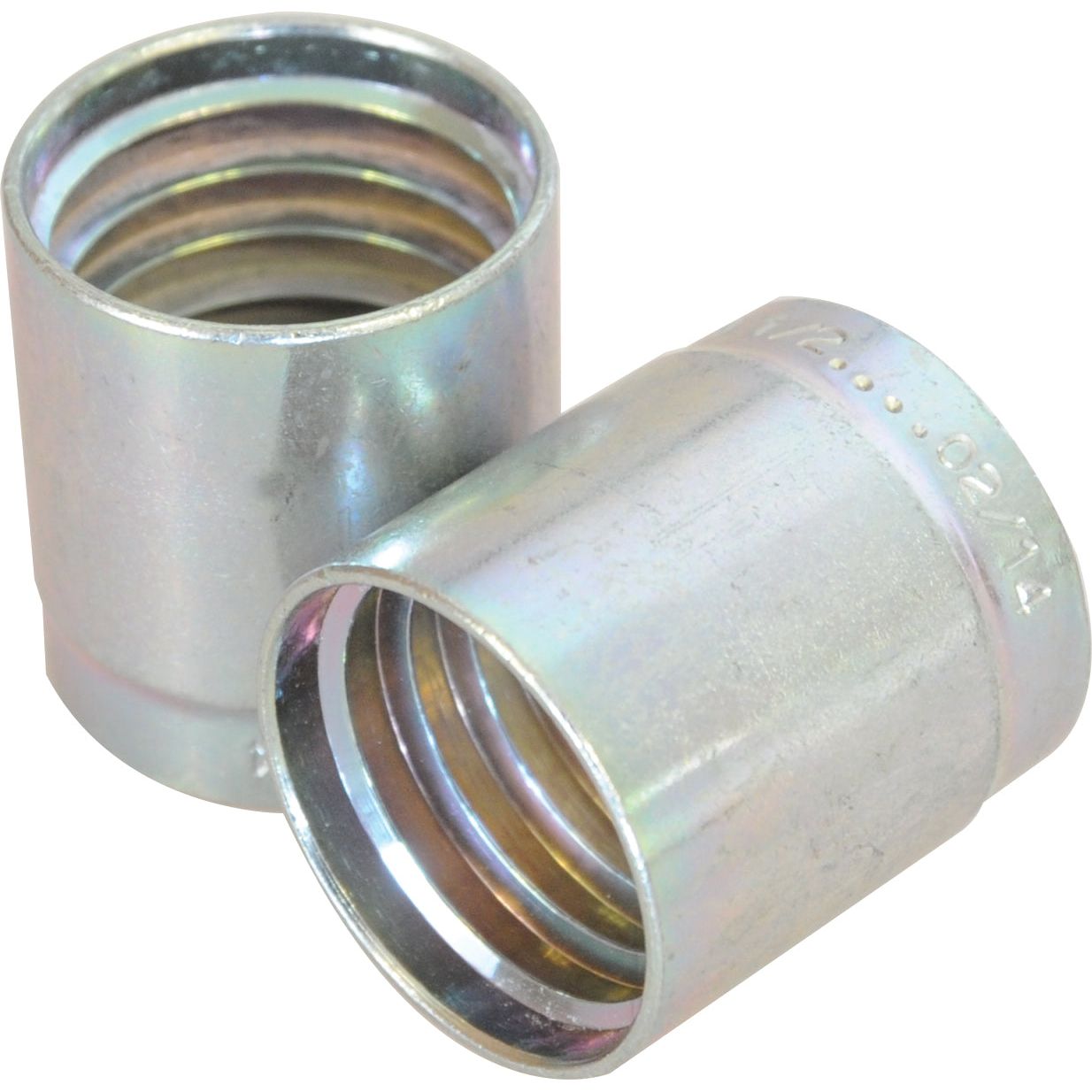 Two Dicsa 2SN/2SC 2 Wire Ferrules, part number S.112565 from Sparex, with internal threading are displayed—one standing upright and the other lying on its side—highlighting the circular openings and threaded interiors. These ferrules are compatible with 5/16'' 2SN/2SC Hose systems for secure connections.