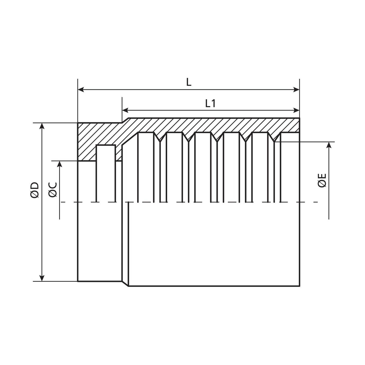 Technical diagram of a mechanical component featuring a toothed gear design, illustrating length (L, L1) and diameters (ØD, ØC, ØE) with dimensional arrows and labels. The diagram includes the Sparex Dicsa 2SN/2SC 2 Wire Ferrule for 5/16” Diameter connections (Sparex Part No. S.112565).