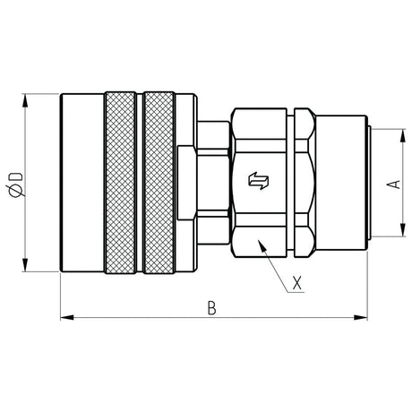 Technical drawing of a Poppet Valve Coupling Screw - Male - 1''BSP - CVV Series (Sparex Part No. S.112674) by Sparex, showing side view with labeled dimensions: Diameter (D), Height (A), Length (B), and an arrow indicating a specific dimension (X).