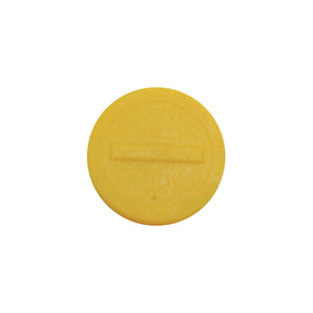 The Sparex Faster Visual Indicator in yellow (Sparex Part No. S.112713) is a circular product from Faster S.p.A., featuring a distinctive narrower rectangular indentation across its center, designed to serve as a visually striking indicator.