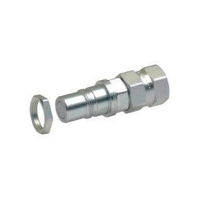 A metal hydraulic coupler from Sparex's Kit Multifaster, featuring a hexagonal nut beside it to showcase its threaded connection design, and labeled as a Size 3/8'' - 1/2'' BSP male cartridge (Sparex Part No. S.112726).