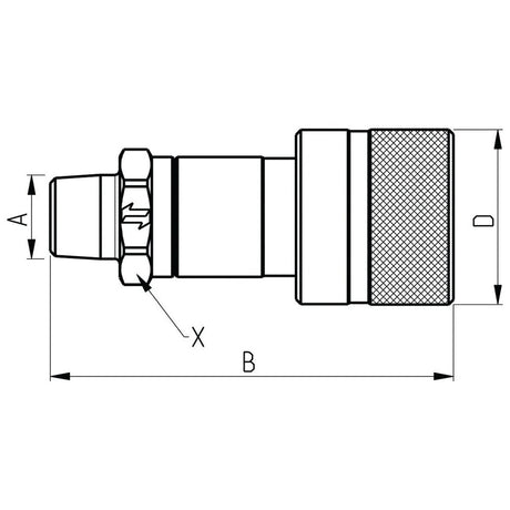 Technical line drawing of a mechanical part with labeled dimensions A, B, D, and point X. The part features a knurled grip surface, a threaded end compatible with Sparex Poppet Valve Screw Couplings - Female - 3/8'' NPT (PVVM Series), and is identified as Sparex Part No. S.112746.