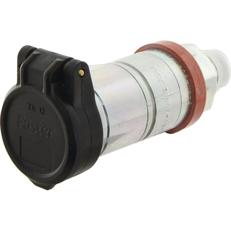 A metal cylindrical component with a black plastic cap labeled "Faster Dust Cap 1/2'' Black" by Sparex, featuring a red rubber seal, threads on one end, and a PVC material finish. This component fits the Female Coupling - TA Series TA12N - S.112752.