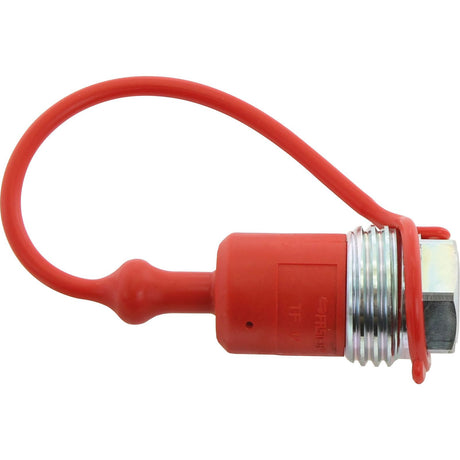 The Sparex Faster Dust Cap Red PVC Fits 1/2'' Male Coupling - TF Series TF12R - S.112765 is a red safety plug with a flexible looped tether and a metal threaded section for secure attachment, designed by Faster S.p.A.