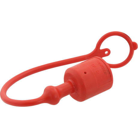 The Faster Dust Cap Red PVC Fits 1/2" Male Coupling from the TF Series (TF12R - S.112765) by Sparex, comes with a tether and is designed to cover and protect hydraulic or pneumatic fittings, ensuring a secure seal. It is commonly used in applications involving Faster S.p.A products.