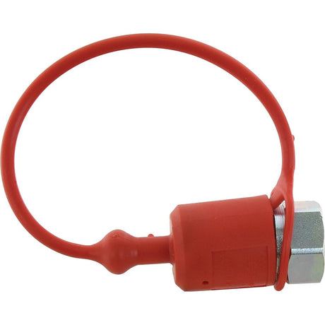 The Sparex Faster Dust Cap Red PVC, part of the TFH Series (TFH 12 - S.112771), is a protective cap with an attached loop, designed to cover and protect a threaded metal fitting such as a 1/2'' male coupling.