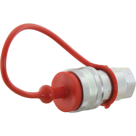 A Faster Dust Plug Red PVC Fits 1/2'' Female Coupling - TM Series TM12LR (S.112781) by Sparex, featuring a hexagonal nut and an attached red protective cap cover secured by a flexible red strap.