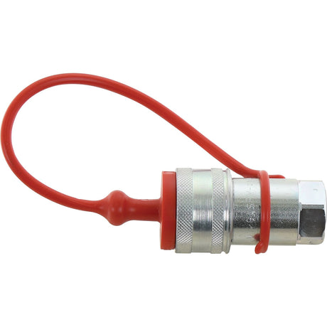 A red PVC dust plug with a protective cap attached by a red loop, compatible with 1/2'' female couplings, part of the Sparex TM Series TM12LR (S.112781).