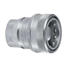 A close-up view of the Faster Hydraulic Trailer Brake Coupling Female M18 x 1.50 Metric Female Thread, Sparex Part No. S.112793, features a metallic construction made from carbon steel with a textured grip and several ball bearings inside its circular opening.