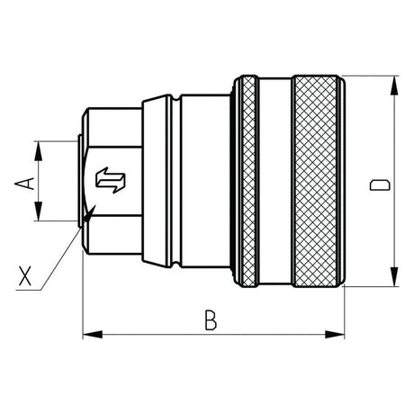 Technical drawing of the Faster Hydraulic Trailer Brake Coupling Female M18 x 1.50 Metric Female Thread (Sparex Part No. S.112793) with dimensions labeled A, B, D, and X, featuring a hexagonal end and a knurled grip. An arrow indicates the flow direction on the left side, typical for hydraulic systems by Sparex.