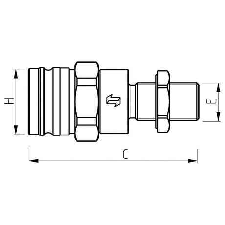 Technical diagram of a Faster Hydraulic Trailer Brake Coupling Male M18 x 1.50 Metric Male Bulkhead (Sparex Part No.S.112796) carbon steel connector with labeled dimensions H, E, and C by Sparex.