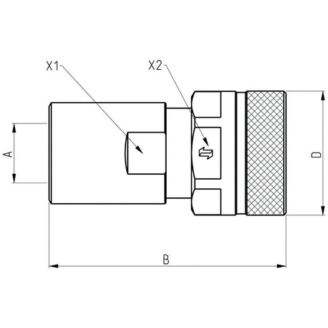 Technical diagram of a cylindrical mechanical component, part of the Sparex VVS Series, with two arrows labeled X1 and X2 highlighting certain features. Dimensions A, B, and D are indicated with double-headed arrows. Includes a Sparex Poppet Valve Coupling Screw - Female - 3/8" BSP (Sparex Part No.S.112801) for precise connections.