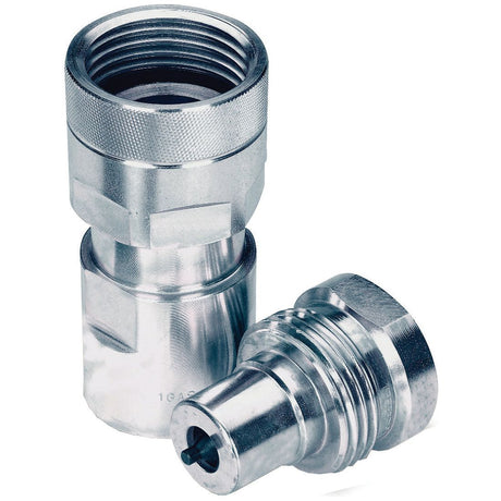 Two silver metal hydraulic connectors, one standing upright and the other lying horizontally, against a white background. The upright connector is a Sparex VVS Series poppet valve coupling with a female 3/8" BSP thread (Sparex Part No. S.112801).