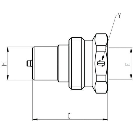 Technical drawing of a cylindrical mechanical component, specifically a Sparex VVS series poppet valve coupling screw - male - 3/8''BSP (Sparex Part No. S.112802), with labeled dimensions H, E, and C, and an arrow pointing right labeled Y.