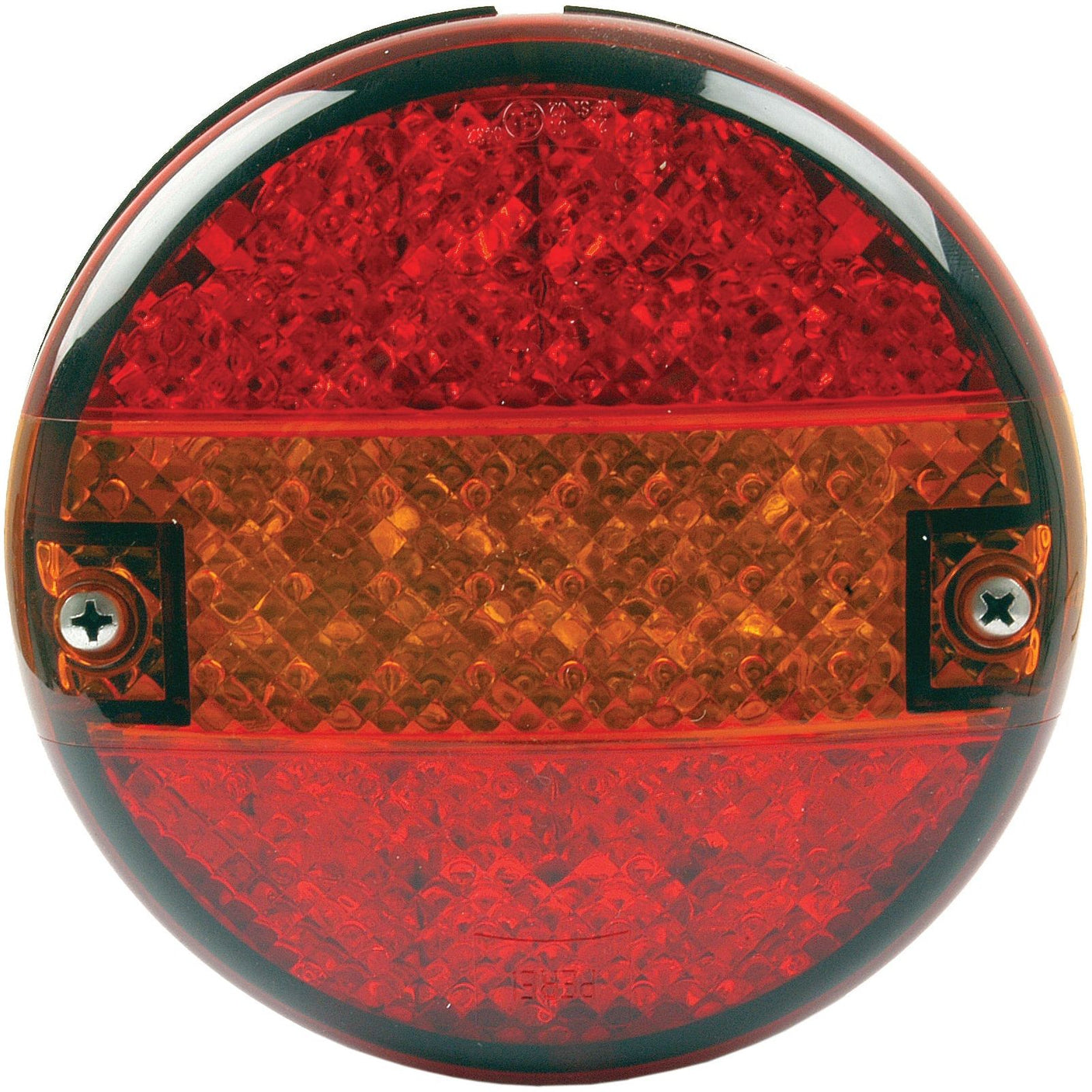 The Fendt 820 818 718 716 714 415 LED Rear Tail Light by Sparex is a circular tail light with red and amber sections, featuring an SAE Approved design secured with two screws on either side. It serves three functions: brake, tail, and indicator for both right-hand (RH) and left-hand (LH) sides, suitable for vehicles operating at 12-24V.