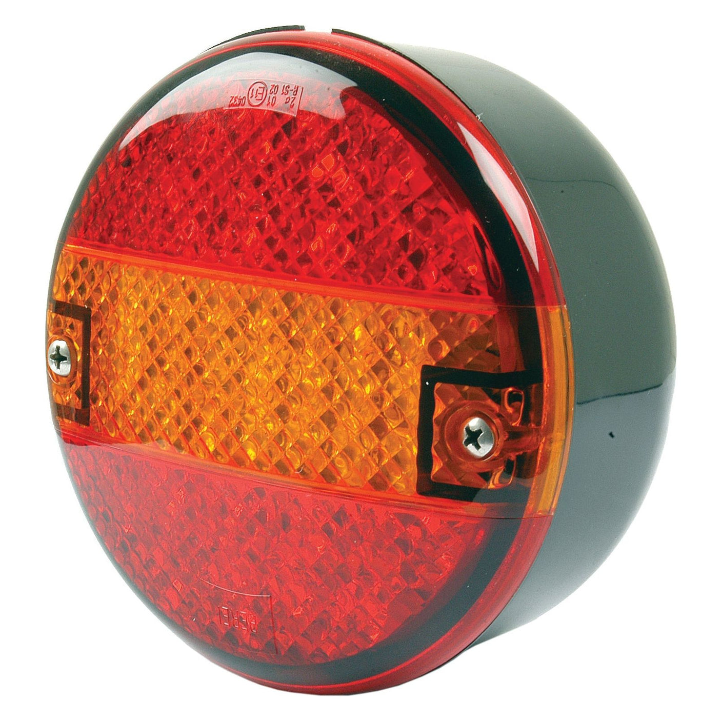 The Sparex Fendt 820 818 718 716 714 415 LED Rear Tail Light, suitable for both right-hand and left-hand sides and offering three functions (brake, tail, and indicator) with red and amber sections, features two visible front screws; SAE Approved for quality standards. This taillight operates at a voltage range of 12-24V.