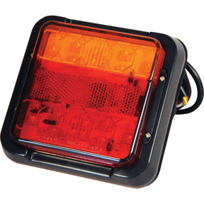 The Sparex LED Rear Combination Light (S.112866), fitting both RH & LH sides, is a square-shaped accessory in red and amber with a sleek black casing that reveals its internal electronics and wiring. Designed to serve three functions (brake, tail, and indicator), this durable light operates on 12-24V and features an IP67 rating alongside vibration resistance, ensuring reliable performance under various conditions.
