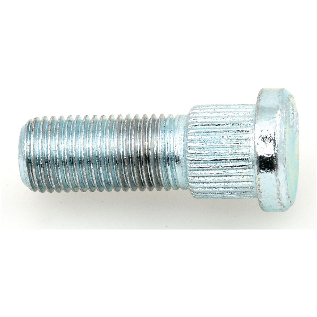 A Sparex Wheel Stud, M14 x 1.5 x 42mm (Metric) with a grip diameter of 16.75mm (S.11295), featuring a silver-colored finish and threaded metal body with a flat, ridged head, is laying horizontally on a plain white background.