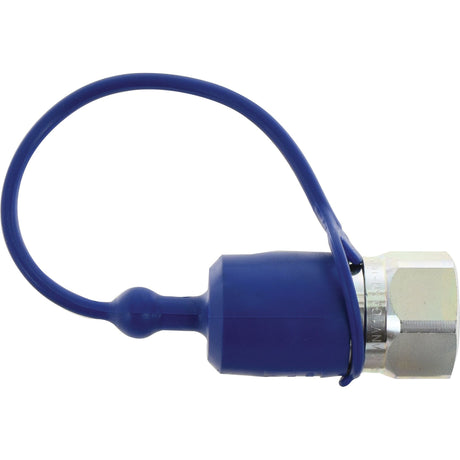 A Faster Dust Cap Blue PVC, designed to fit a 3/8'' male coupling and part of the TF Series (TF38 - S.113085) by Sparex, is attached to a metal hexagonal fitting with a flexible loop for quicker application.