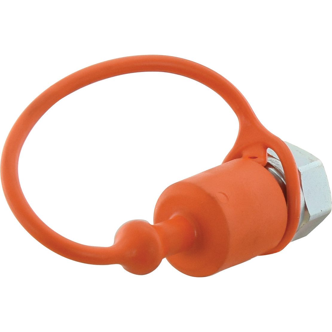 The Sparex Faster Dust Cap Orange PVC Fits 3/4'' Male Coupling - TF Series TF 2FI34 (S.113092) features an orange dust cap with a retaining strap attached to a metal fitting, specifically designed for use with the TF series male coupling.