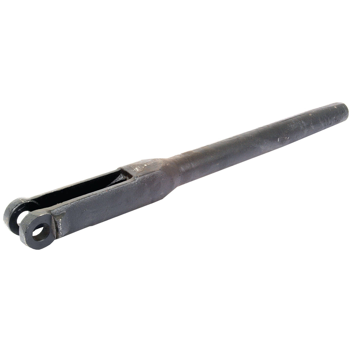 The Levelling Box Fork - 3/4 UNC (Sparex Part No. S.11315) by Sparex is a metal industrial component featuring a cylindrical shaft and an open, U-shaped end with two circular holes for attachment. The fork hole is Ø 19.5mm, ensuring precise fitting and connectivity.
