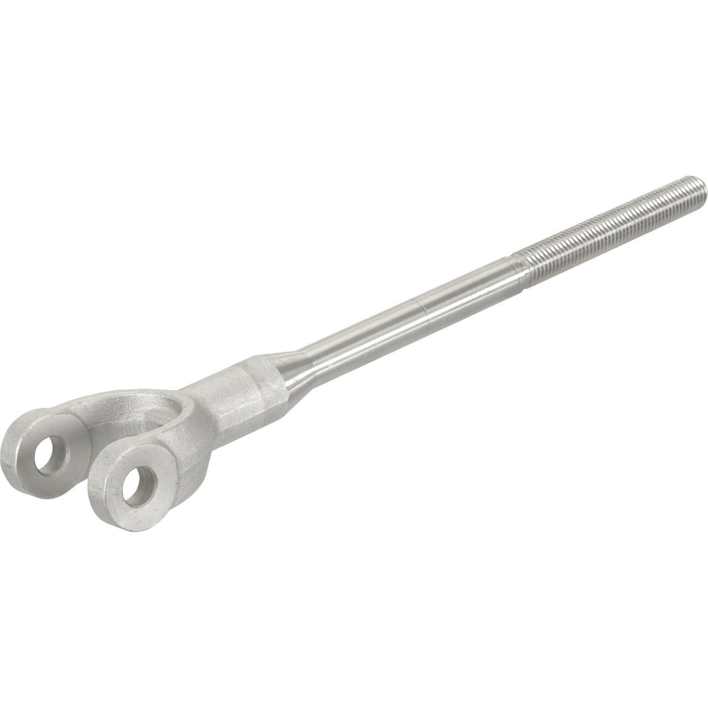 The Sparex Levelling Box Yoke (Part No. S.11316) is a metallic rod featuring a Y-shaped end with two circular holes and threading on the opposite end to allow for adjustable thread length, suitable for 3/4 UNC applications.