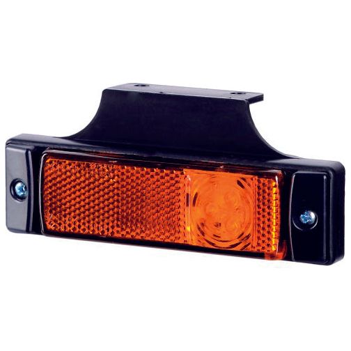 The Sparex LED Side Facing Marker Light, RH & LH, 12-24V - S.113355 is a rectangular amber side marker light featuring an amber lens and an IP68 rating, securely mounted in a black plastic casing with two screws.