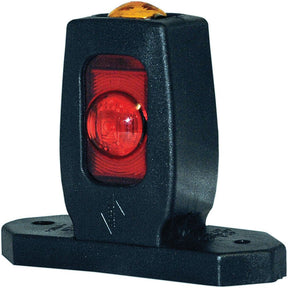 The Sparex LED Outline Front, Rear & Side Facing Marker Light (RH & LH) - S.113360 is a black plastic encased device featuring a red lens in the center and an amber lens on top, mounted on a flat base. This 12-24V LED light boasts IP68 protection and an ECE rating, ensuring durability and compliance with safety standards.
