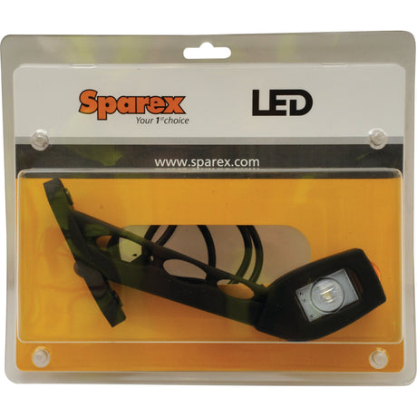 Packaging of a Sparex LED Outline Front, Rear & Side Facing Marker Light, RH, 12-24V - S.113361 with a black mounting bracket, displayed against a yellow background inside a transparent package.