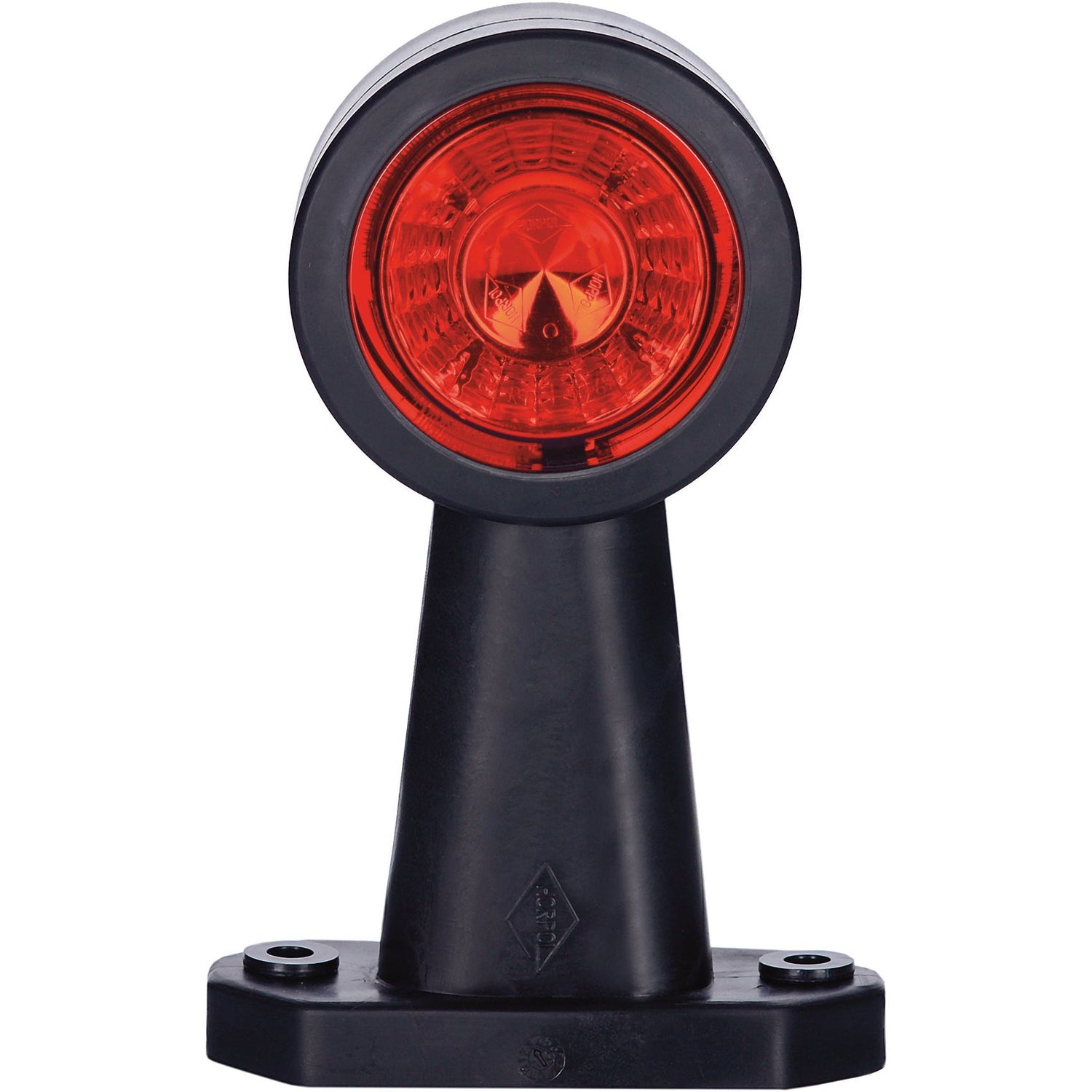 A Sparex LED Outline Front/Rear Facing Marker Light (Product Code: S.113363), designed for RH & LH positions, featuring a black plastic mount with a circular red reflector, an IP68 rating, and intended for vertical placement on a rectangular base.