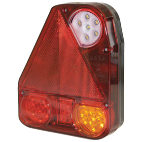 The LED Rear Combination Light by Sparex, model number S.113375, is a durable, IP68-rated product featuring an integrated design with a red triangular reflector and round LED lights at the top and bottom. Additionally, it has orange LED lights on either side and is ideal for use as Brake/Tail/Indicator/Reverse signals. Suitable for 12-24V systems.