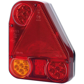 The Sparex LED Rear Combination Light, part number S.113376, is a triangular red rear trailer light featuring integrated reflectors and multiple circular LED bulbs. It includes a small amber section in the lower left corner and is compatible with 12-24V systems, offering functions for brake, tail, indicator, and fog lights.