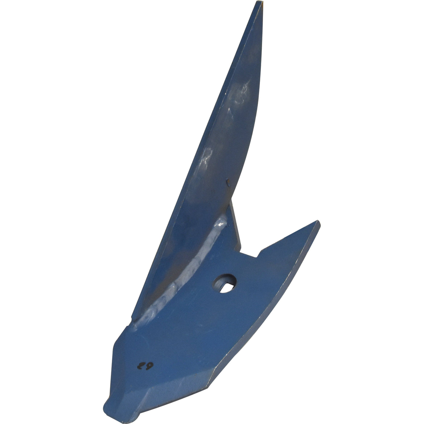 The blue metal digging attachment, known as the Sparex Outer Share Point RH (Hardfaced), features a sharp pointed tip and two upward-facing blades. It includes a hole near the base for mounting purposes and fits as part number 3374444.