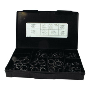 The Open and Blind Grommet Assortment (270 pcs.) Handipak from Brand Sparex is a black plastic case containing various sizes of grommets in separate compartments, with a detailed size chart on the inside of the lid.