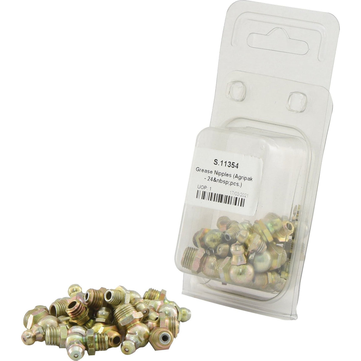 A transparent plastic bag contains a collection of Sparex Grease Nipples - Imperial (Agripak - 24 pcs.) with some scattered in front. The bag has a white label featuring text and a barcode.