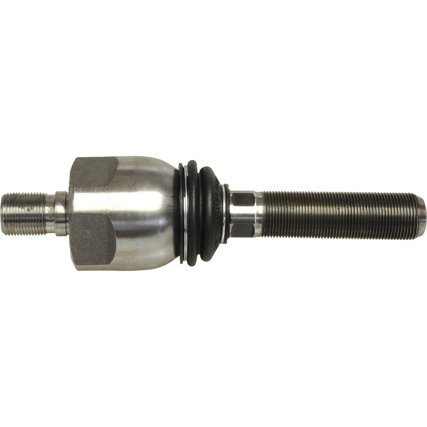 A Sparex Steering Joint, 211mm in length (S.113779), featuring a metal threaded rod, M22 x 1.5 (RH), with a hexagonal nut and a black rubber seal in the middle, is suitable for John Deere machinery.