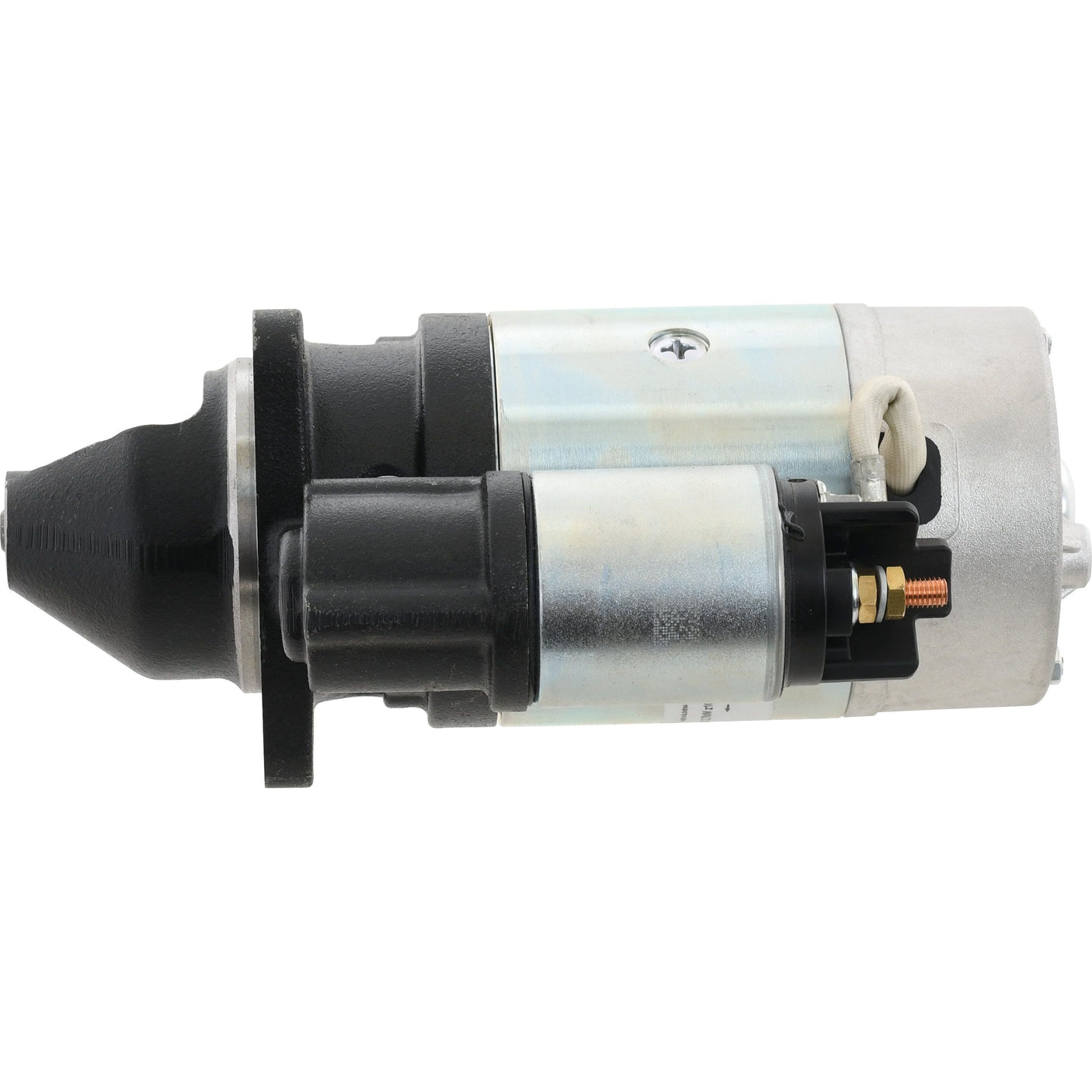 This 12V, 2.7Kw Starter Motor by Mahle, also known as Sparex Part No.S.113795, is a cylindrical automotive device that combines metallic and plastic components. It features a distinctive black cone-shaped end and a silver midsection with an extending black cylinder.