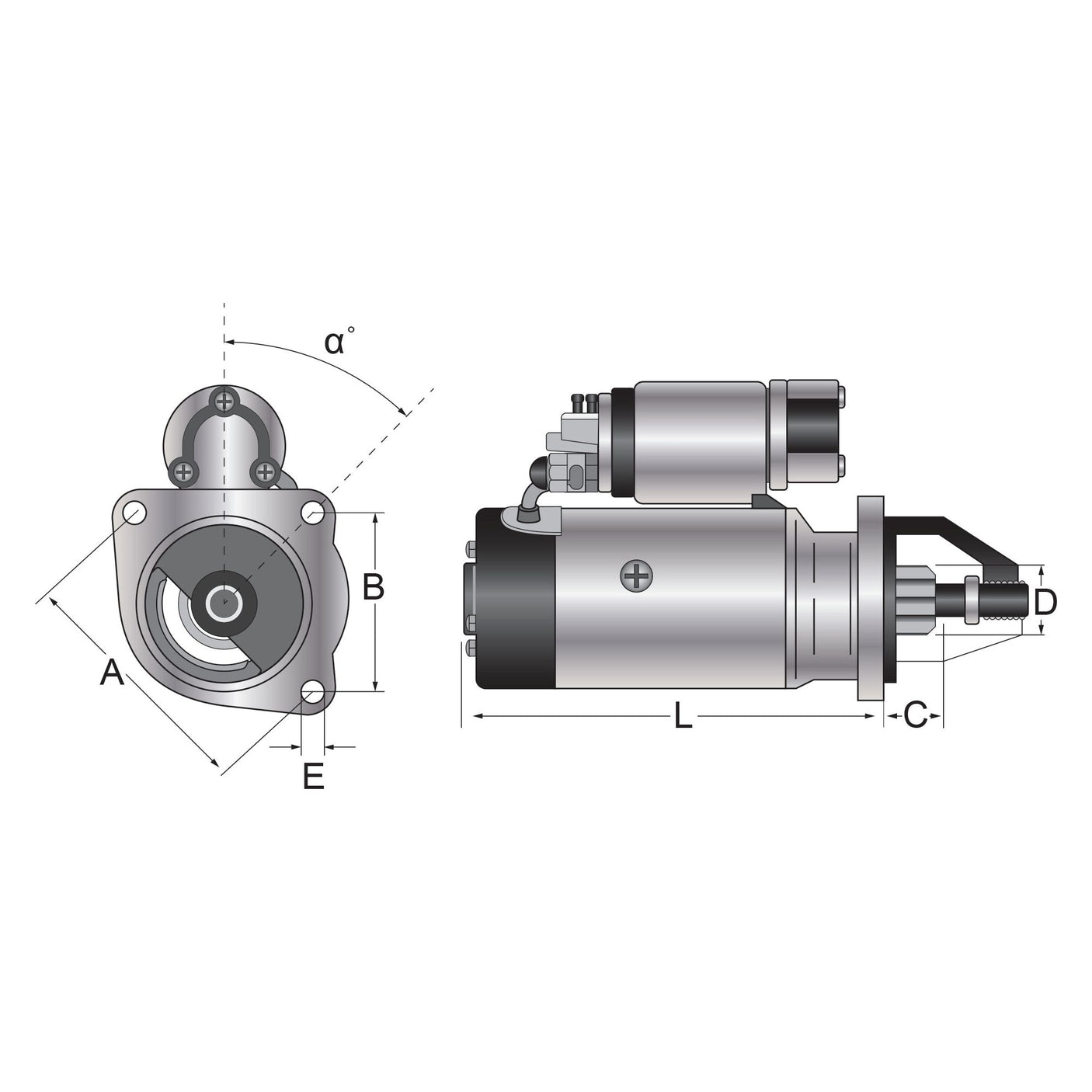 Technical drawing of the Starter Motor - 12V, 2.8Kw (Mahle) showing front and side views with labeled dimensions A, B, C, D, E, and L, and an angle α; Sparex Part No. S.113796.