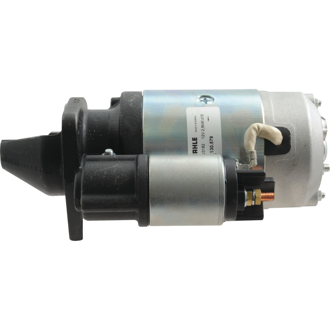 The Sparex Starter Motor - 12V, 2.8Kw (Mahle) | Sparex Part No.S.113796 is a cylindrical starter motor with a metallic casing and mounting bracket, designed for 12V automotive systems.