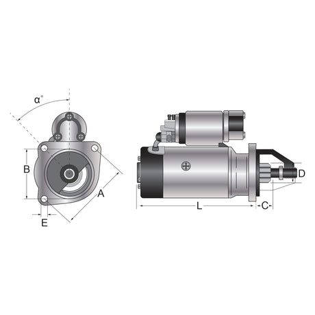 Technical diagram of a mechanical component, showing two views with labeled dimensions such as A, B, C, D, E, L, and α. The illustration details parts including bolts and cylindrical sections. Notably featured is the Starter Motor - 12V, 3.2Kw, Gear Reducted (Mahle) for enhanced performance (Sparex Part No.S.113797).