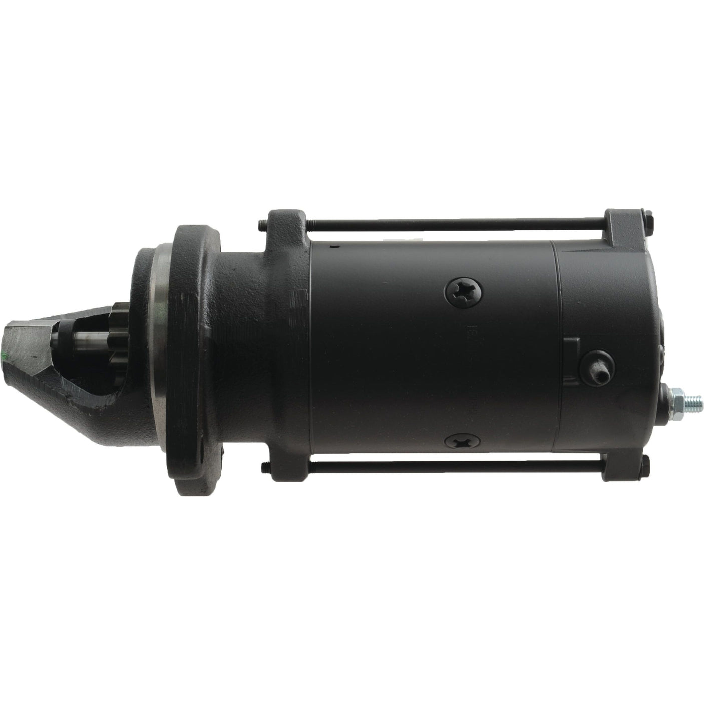 A side view of the Starter Motor - 12V, 3.2Kw, Gear Reducted (Mahle) | Sparex Part No.S.113797 by Sparex, showcasing its black cylindrical body, mounting flange, and gear reduction mechanism at one end.