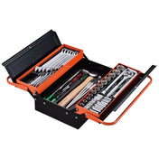 A black and orange Tool Box Set (56 pcs.) - S.113800 by Sparex, with an open lid reveals an organized collection of tools, including wrenches, screwdrivers, a comprehensive socket set, and ratchets.