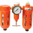 Image of an orange Sparex Combo Air Line Filter 3/8'' BSP (Sparex Part No. S.113811) with two filter units and a central pressure gauge reading from 0 to 160 PSI. This air compressor regulator features a sturdy design with 3/8'' BSP connections, ensuring optimal performance for various pneumatic applications.