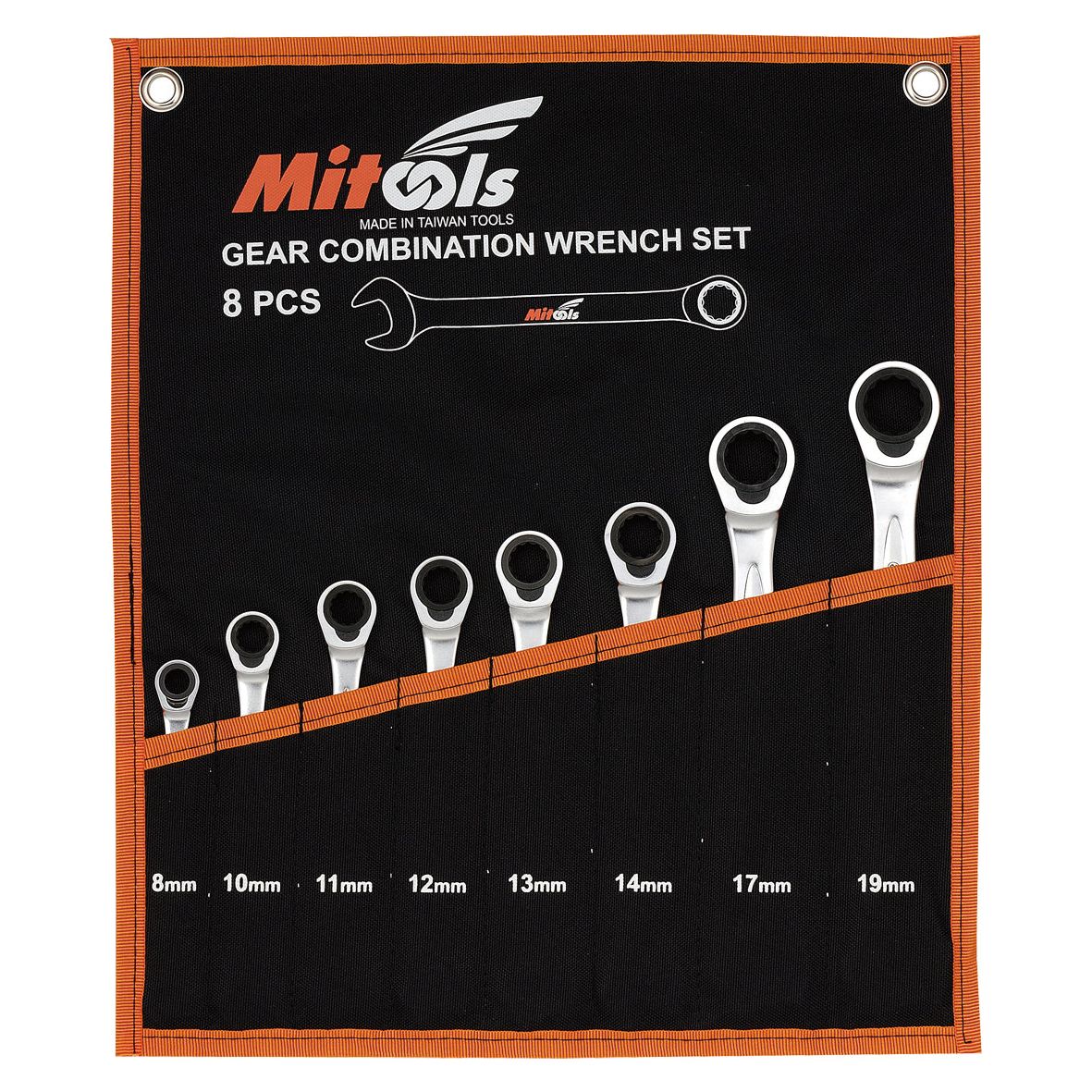 A set of eight combination gear wrenches with sizes ranging from 8mm to 19mm, featuring a sleek silver satin finish and organized in a black and orange hanging pouch, labeled "Sparex (8 pcs.) Combination Gear Wrench Set | Sparex Part No.S.113813.