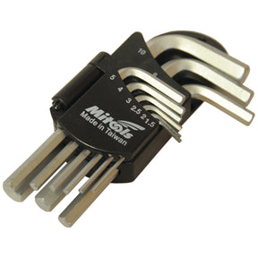The (9pcs.) Short Hex Key Wrench Set | Sparex Part No.S.113841 includes Metric Allen wrenches in various sizes, each labeled and organized in a sturdy black holder. Crafted from durable CR-V/S2 steel, the holder features the "Sparex" brand and is marked "Made in Taiwan".