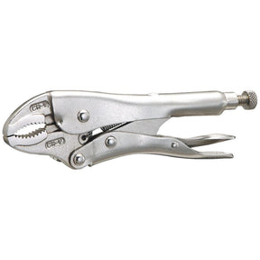 A pair of durable, silver Curved Jaw Locking Pliers - S.113845 by Sparex, featuring a curved jaw in a closed position with a tension adjustment screw at the handle's end and constructed from high-quality steel alloy.