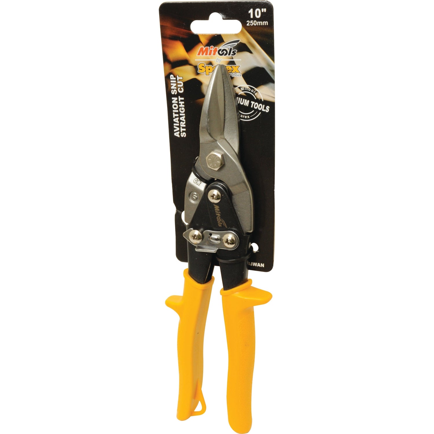 A set of 10-inch Sparex Aviation (Straight) Tin Snips (Sparex Part No. S.113847) with straight cut blades and yellow handles, packaged on a black and brown backing card.