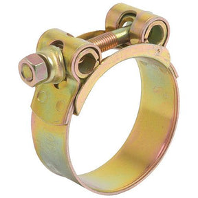 The Sparex Heavy Duty Hose Clip (Ø52-55mm), Part No. S.11387, is made of galvanised steel and features bolts and screws for tightening, designed to secure hoses onto fittings effectively.